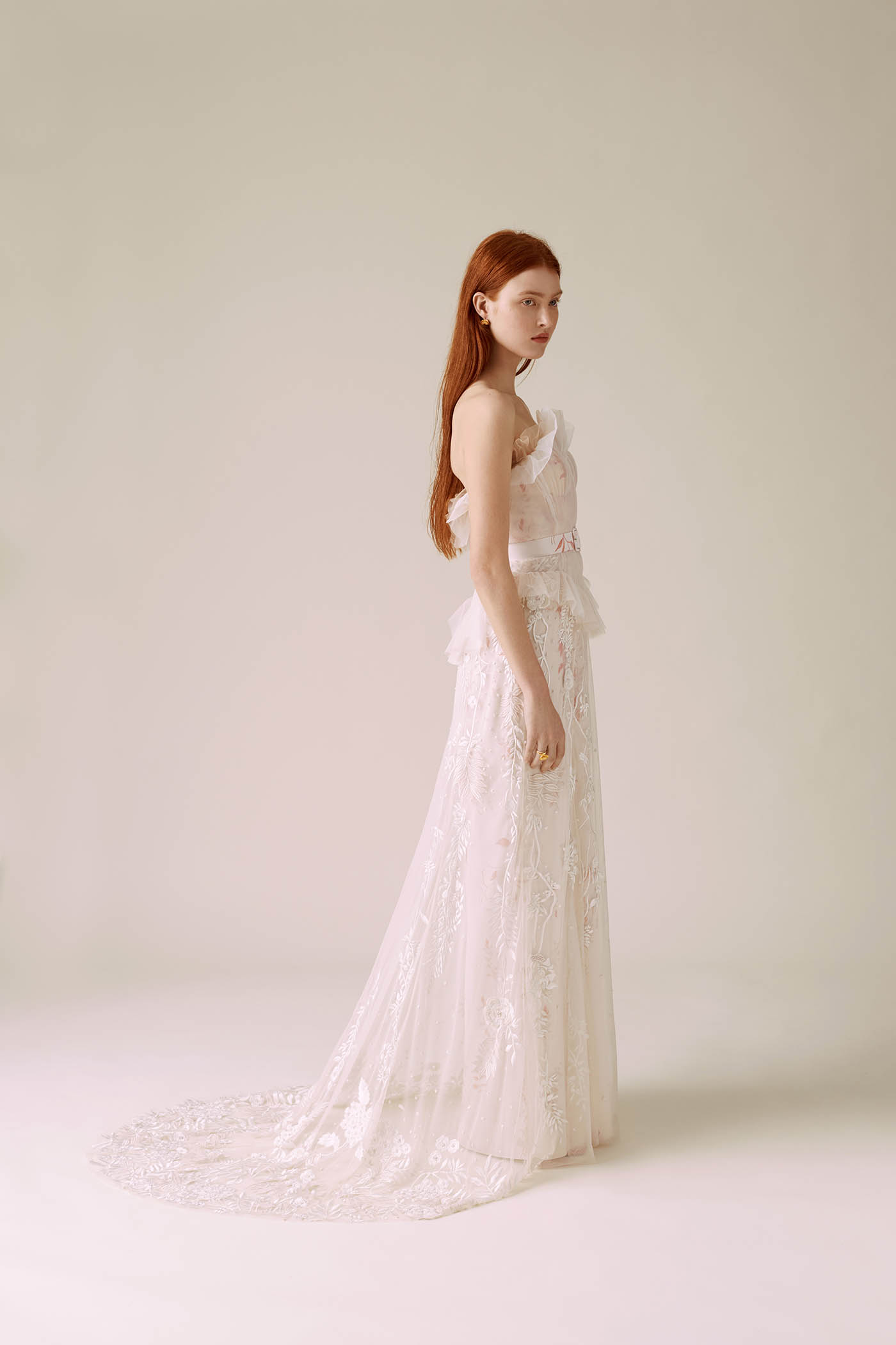 Hand Pleated Rosewater Tulle Bustier Gown With Embroidered Wisteria Skirt and Sunkiss Bougainvillea Cupped Column Gown