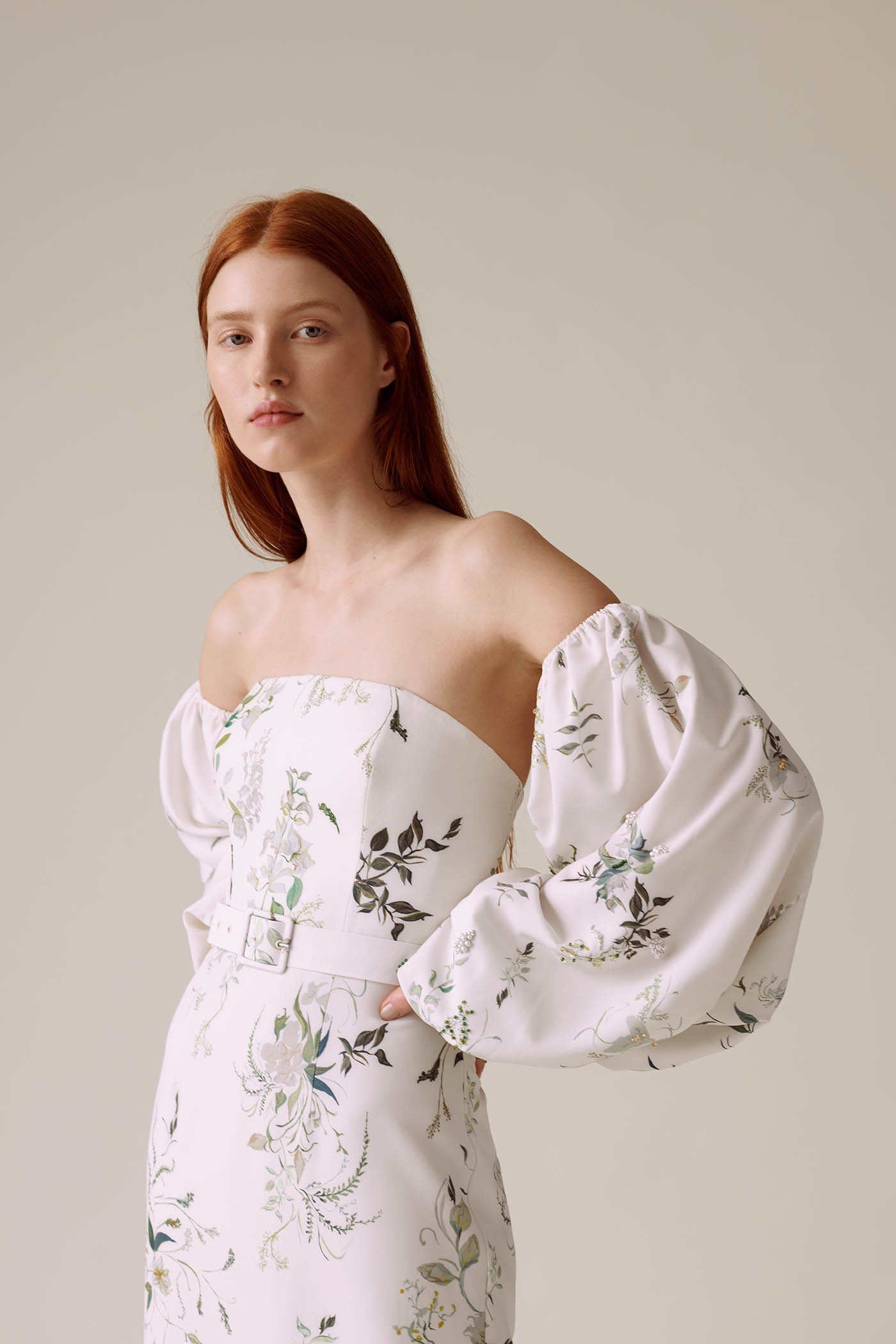 Bougainvillea Oasis Column Gown | Removable Bougainvillea Oasis Puff Sleeves