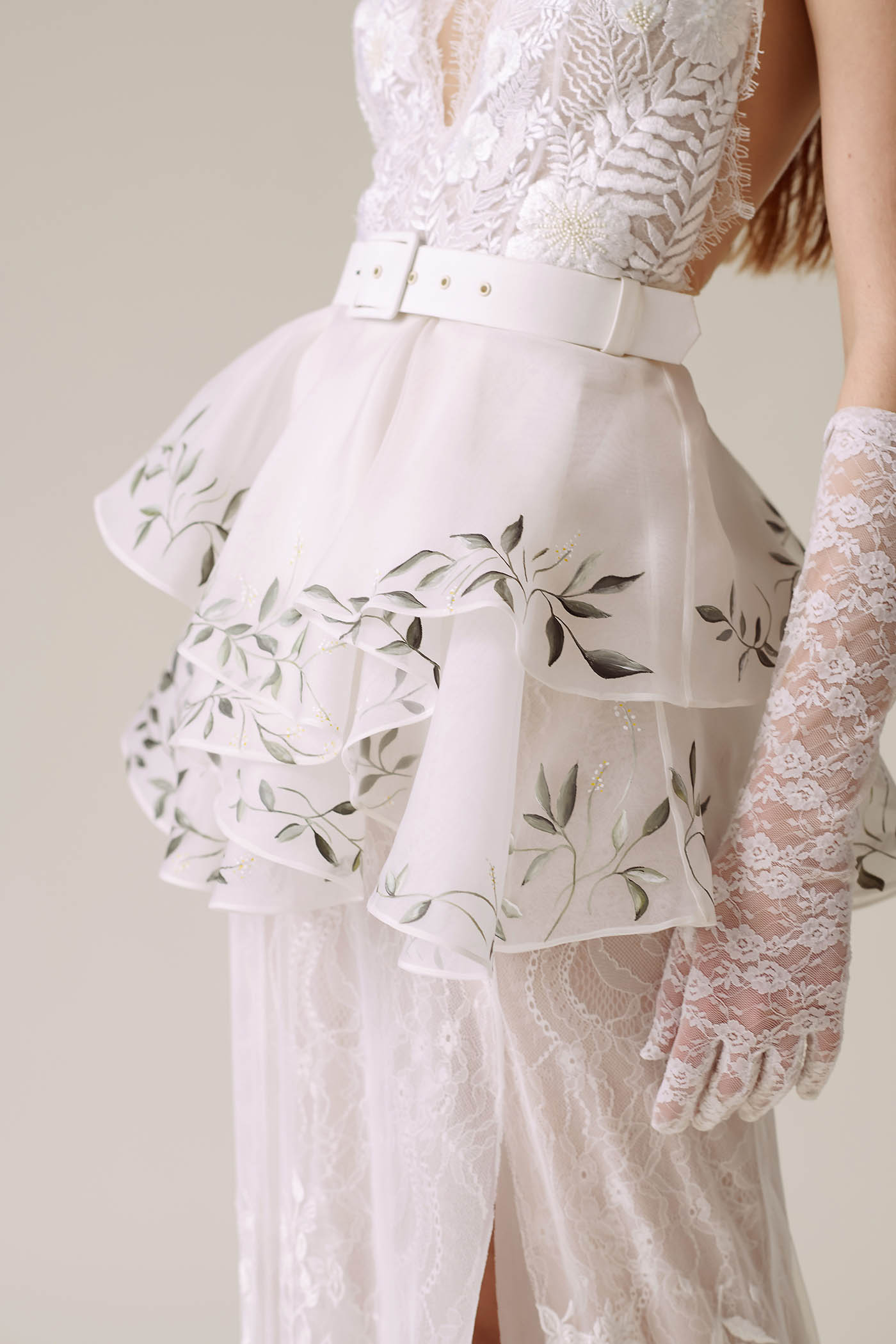 Fern and Lace Gown | Hand Painted Bougainvillea Peplum
