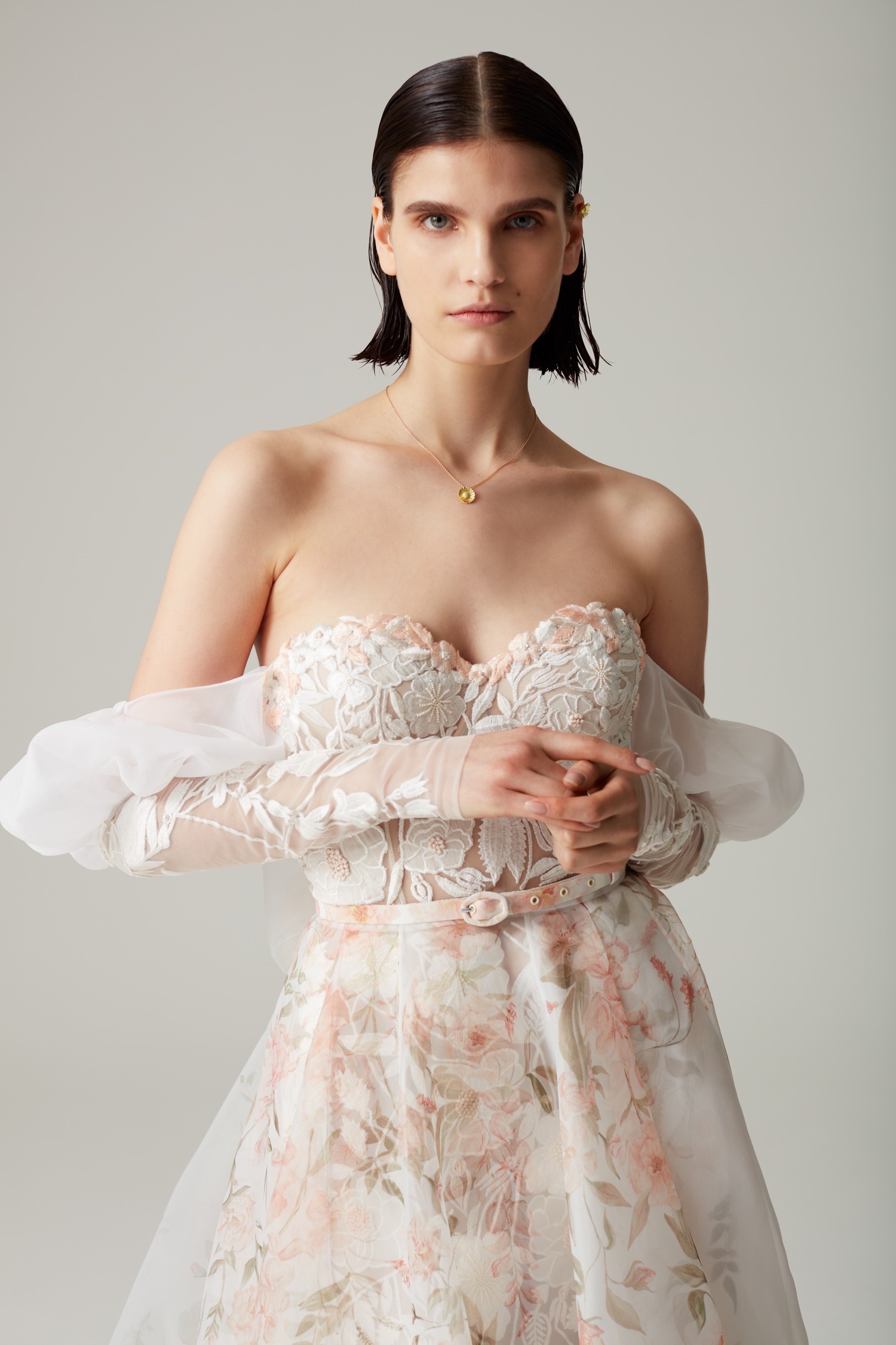Wild Rose Sweetheart Bustier Gown | Pink Peony Overskirt | Mini Puff Embroidered Cuff Sleeves