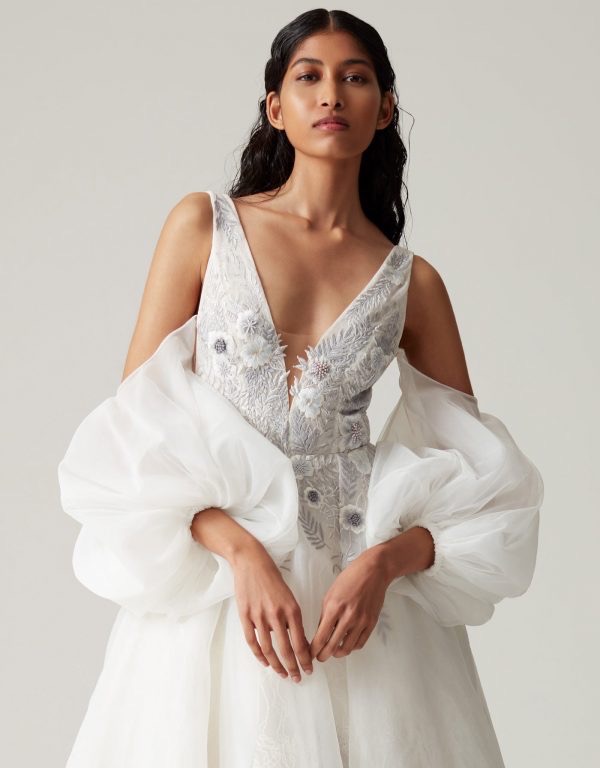 Dove Grey Pearl Fern and Rose Organza Gown | Hermione de Paula Bridal Boutique