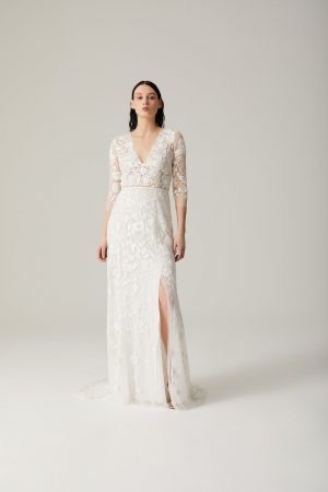 Wild Rose Cascade Gown with V Neck and Closed Back | Hermione de Paula Bridal Boutique